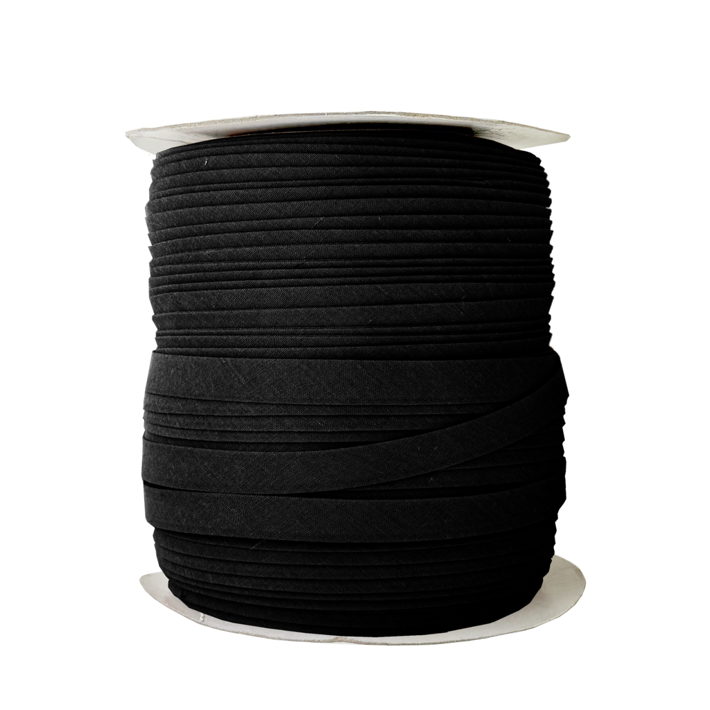 black 1/2" double fold bias tape on a spool from Heit's Wholesale bulk sewing supply company