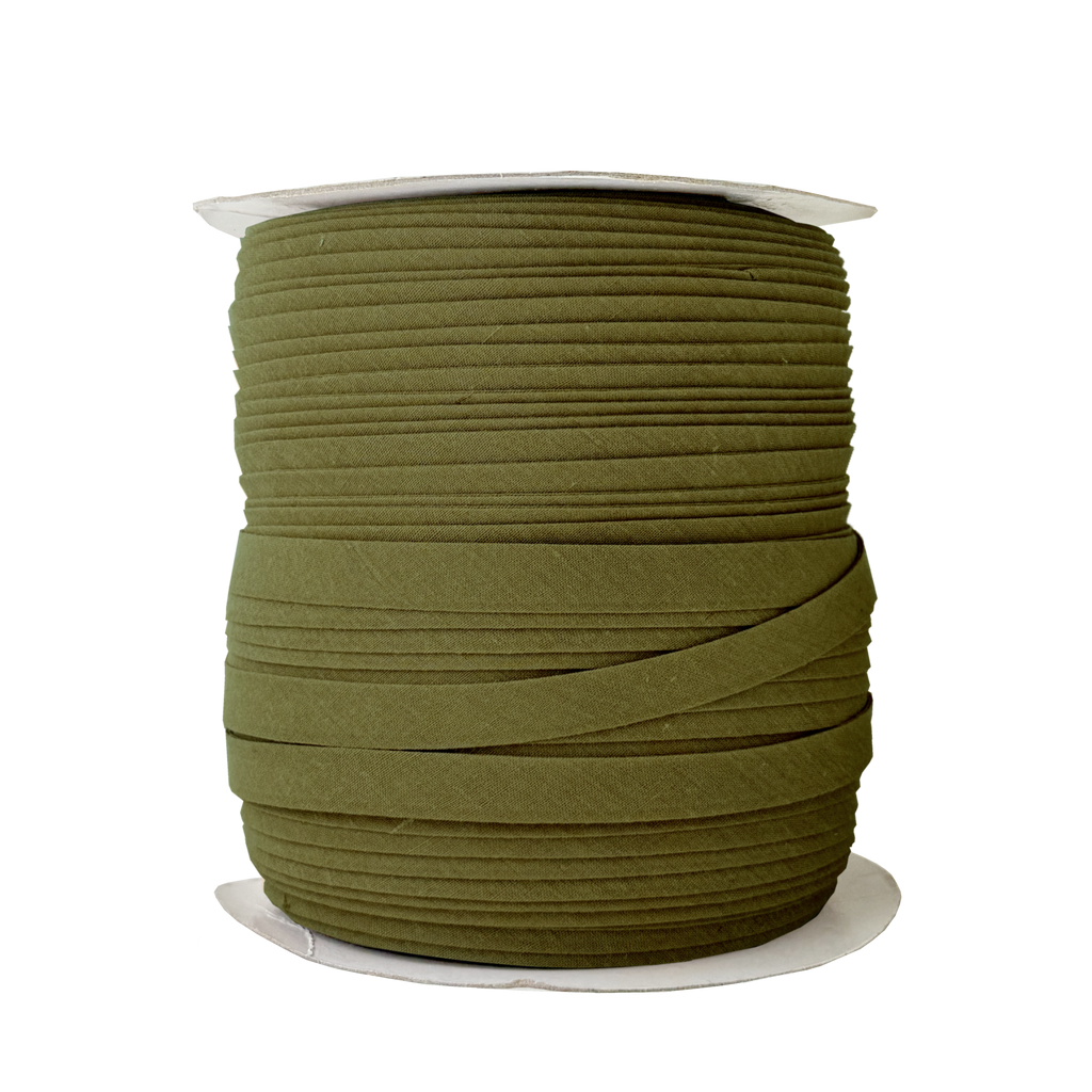 black olive 1/2" double fold bias tape on a spool from Heit's Wholesale bulk sewing supply company