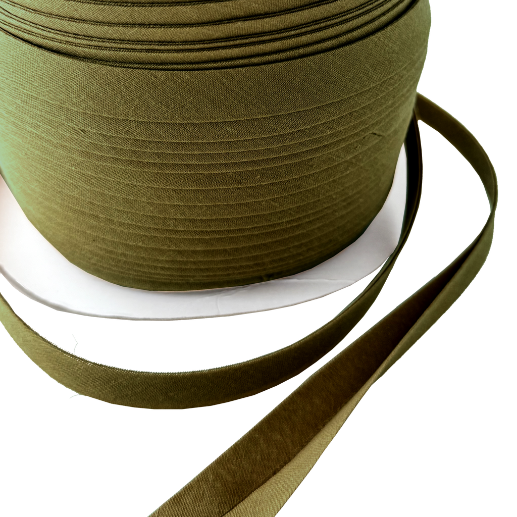 close up of the black olive 1/2" double fold bias tape on a spool from Heit's Wholesale bulk sewing supply company