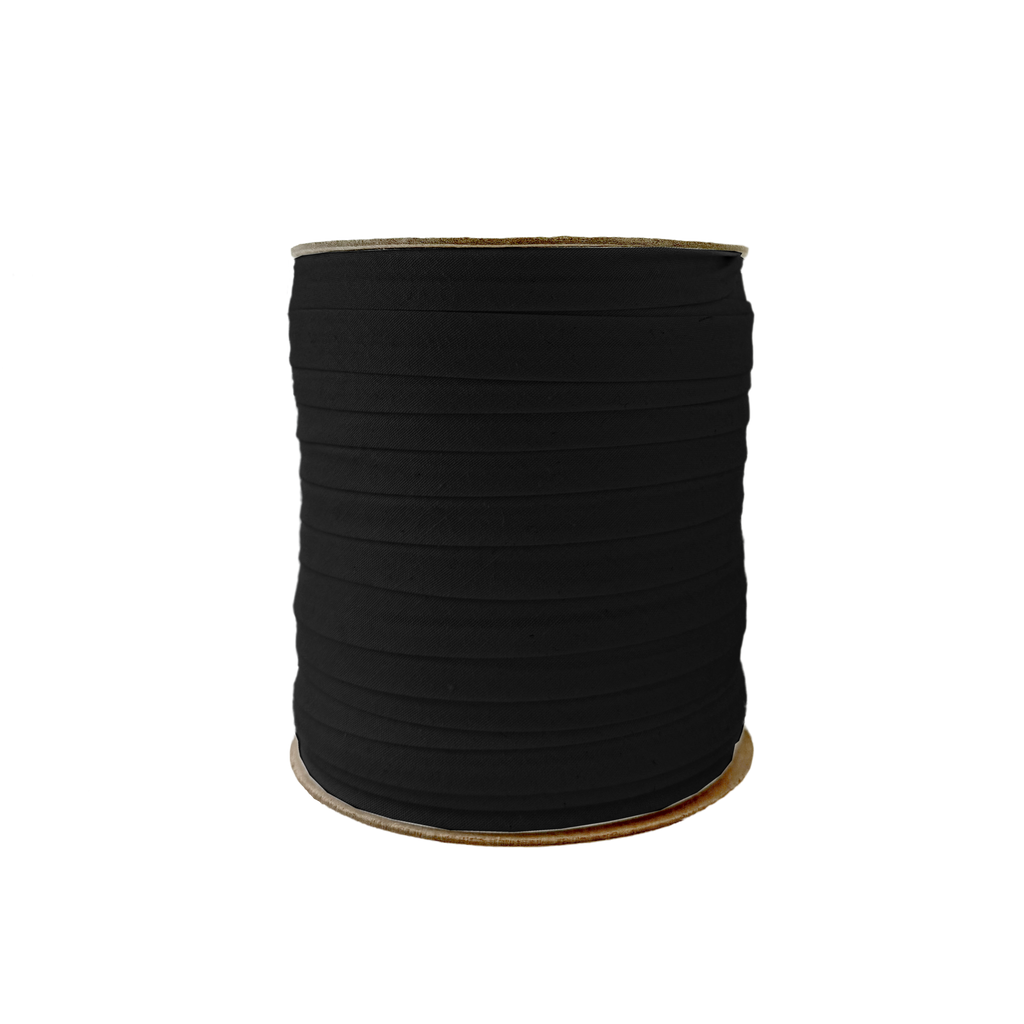 black 1/2" single fold bias tape on a spool from Heit's Wholesale bulk sewing supply company