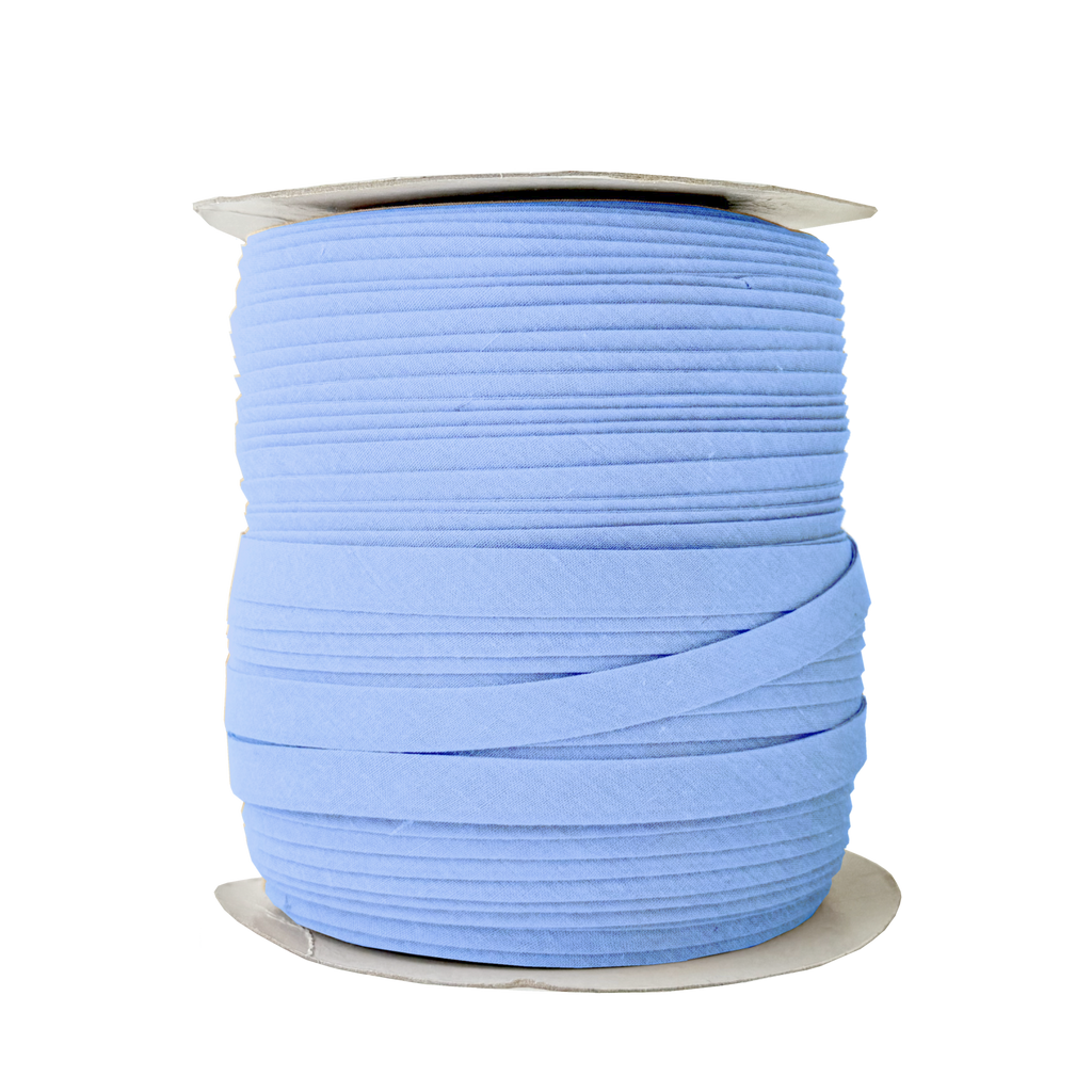 blue crest 1/2" double fold bias tape on a spool from Heit's Wholesale bulk sewing supply 