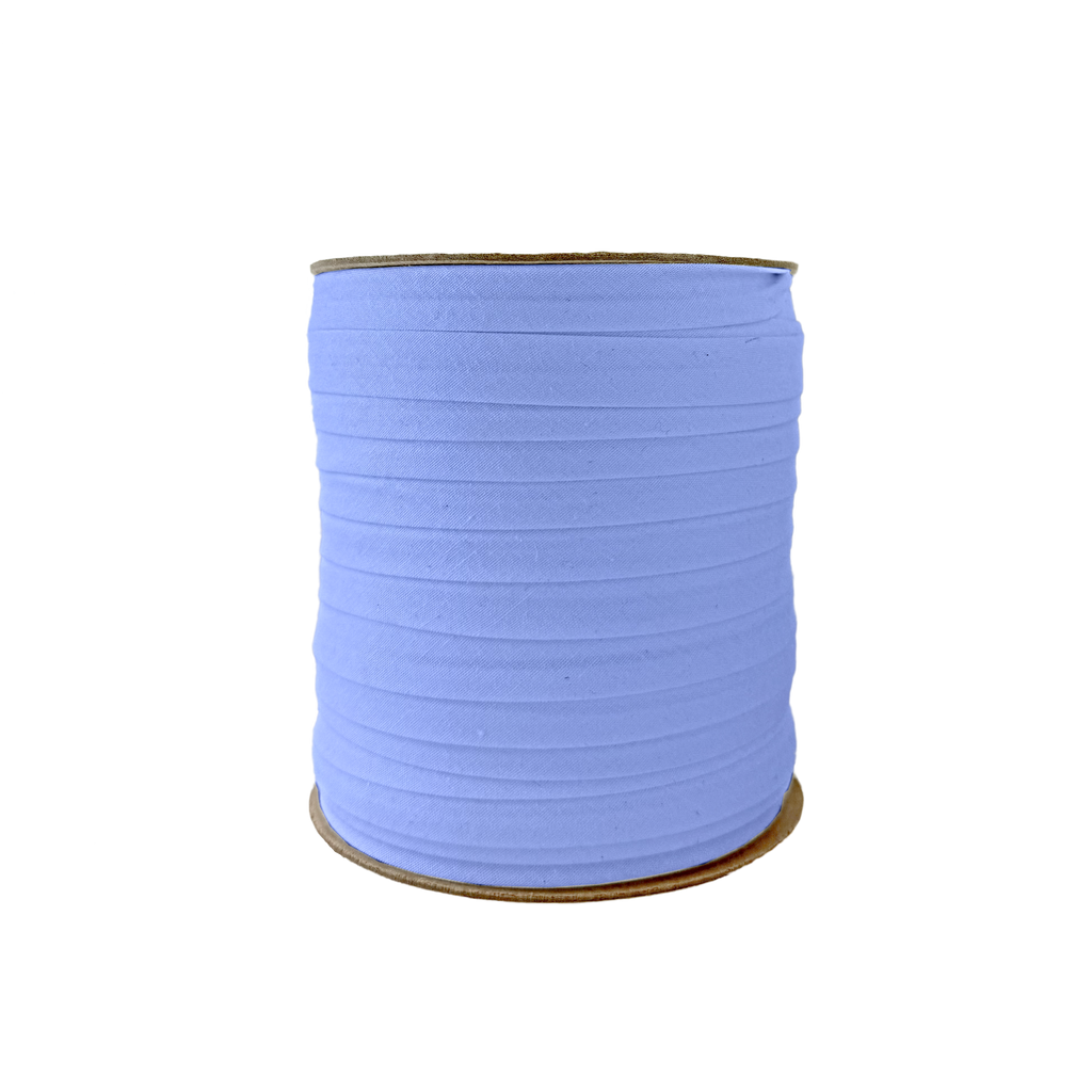 blue crest 1/2" single fold bias tape on a spool from Heit's Wholesale bulk sewing supply company