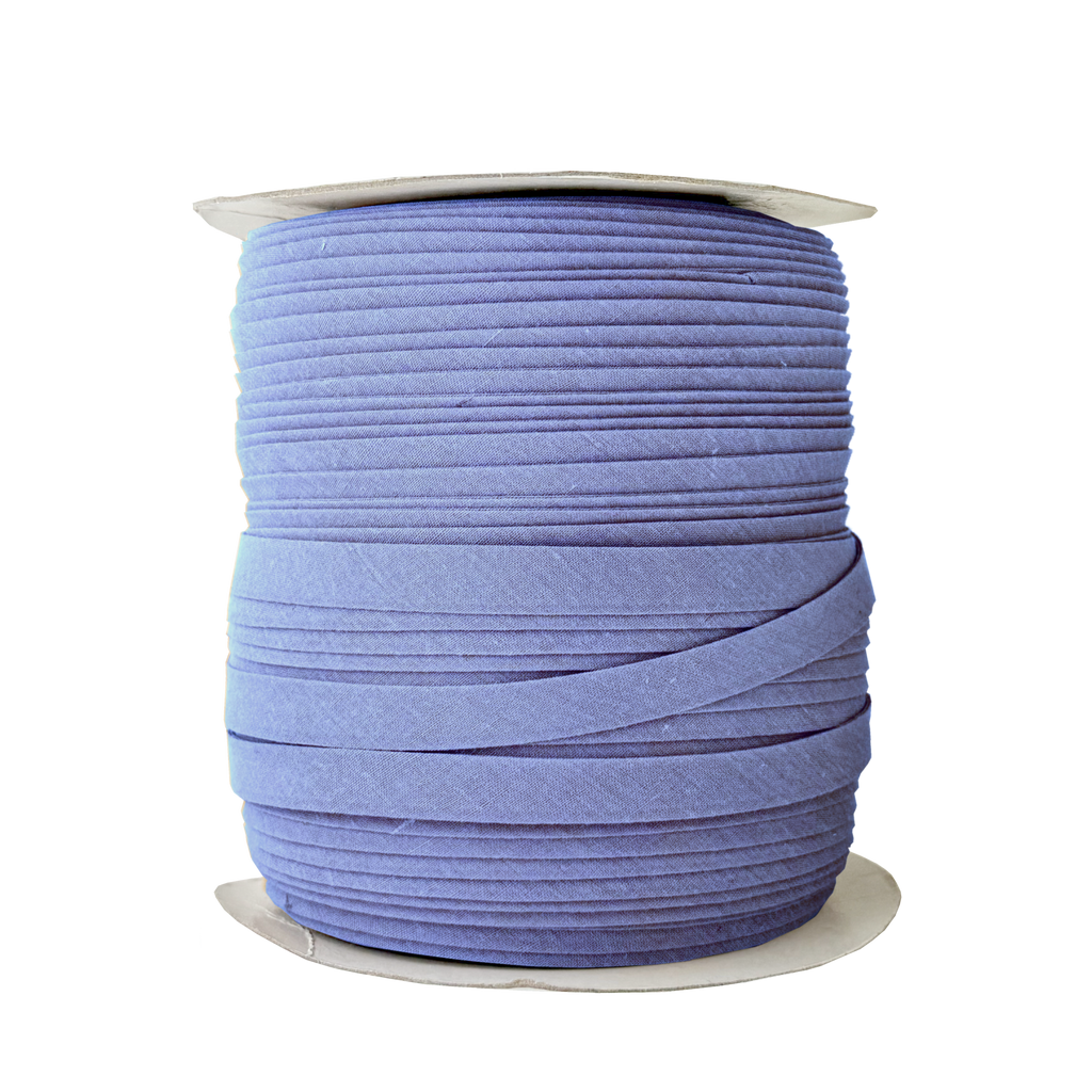denim blue 1/2" double fold bias tape on a spool from Heit's Wholesale bulk sewing supply company