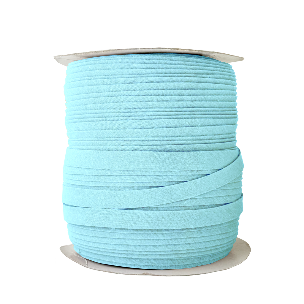 blue 1/2" double fold bias tape on a spool from Heit's Wholesale bulk sewing supply company