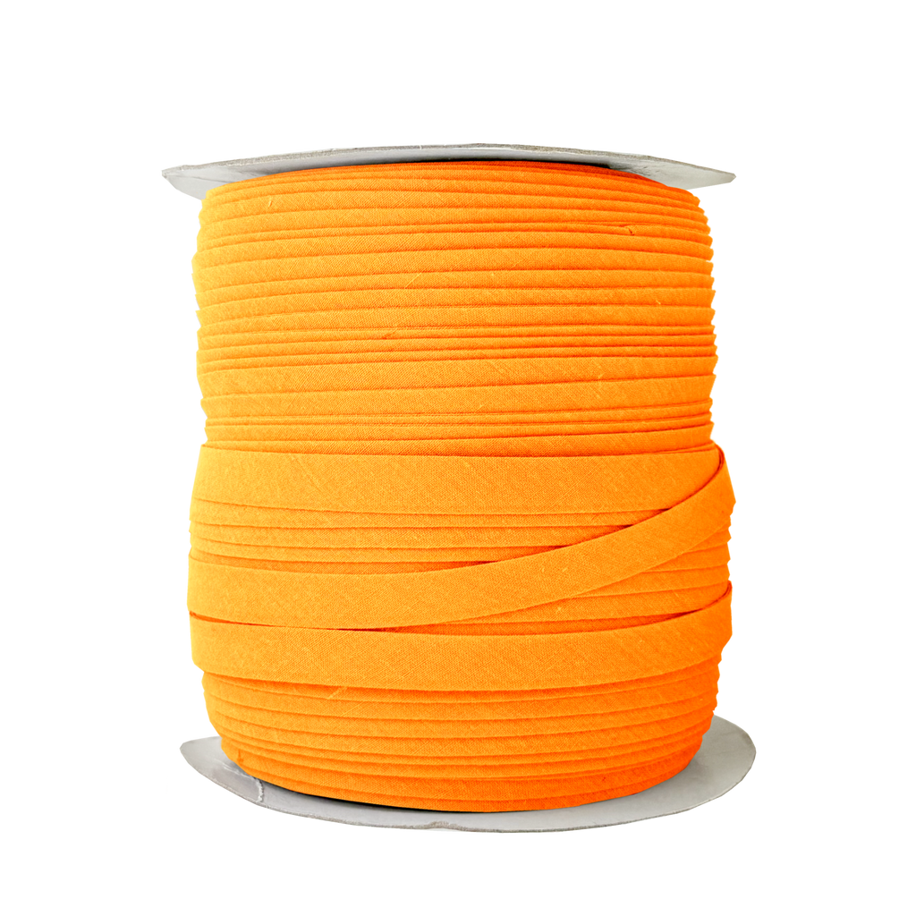 bright orange 1/2" double fold bias tape on a spool from Heit's Wholesale bulk sewing supply company
