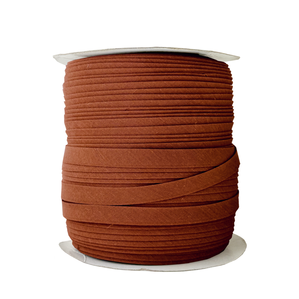 brown 1/2" double fold bias tape on a spool from Heit's Wholesale bulk sewing supply company