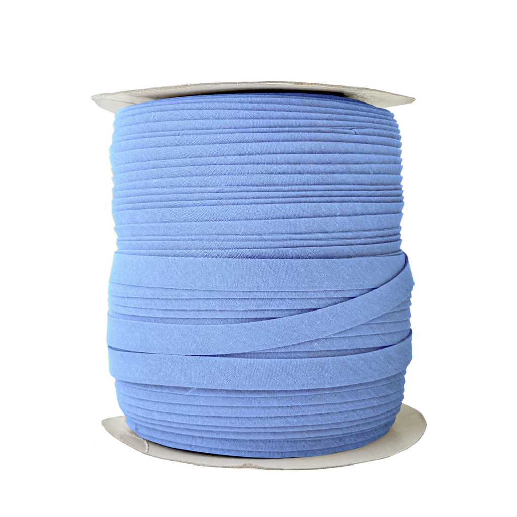blue crest 1/2" double fold bias tape on a spool from Heit's Wholesale bulk sewing supply company