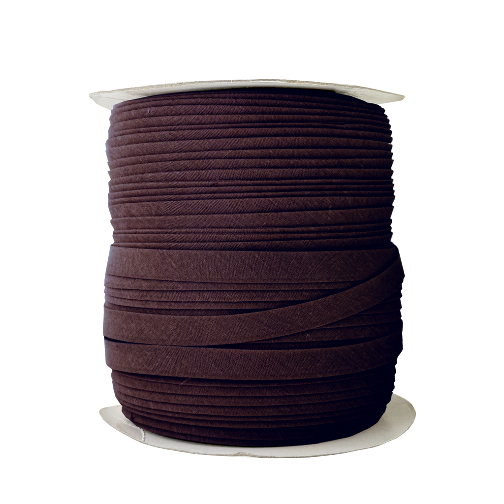 chocolate brown 1/2" double fold bias tape on a spool from Heit's Wholesale bulk sewing supply company