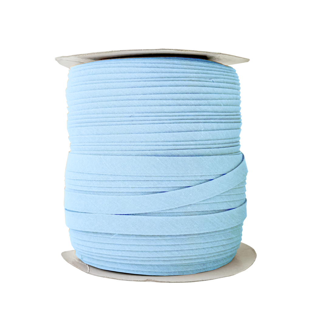 cloud blue 1/2" double fold bias tape on a spool from Heit's Wholesale bulk sewing supply 