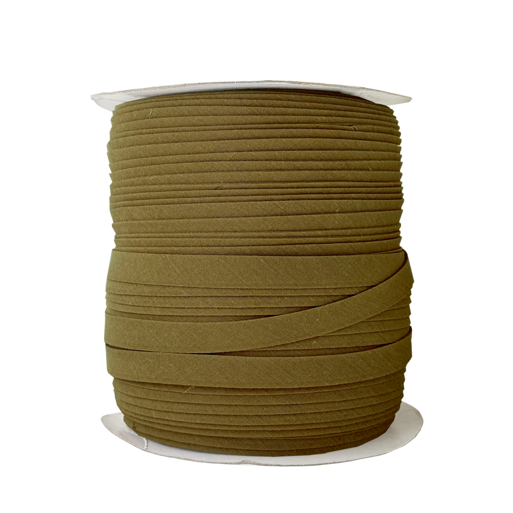 coffee 1/2" double fold bias tape on a spool from Heit's Wholesale bulk sewing supply 