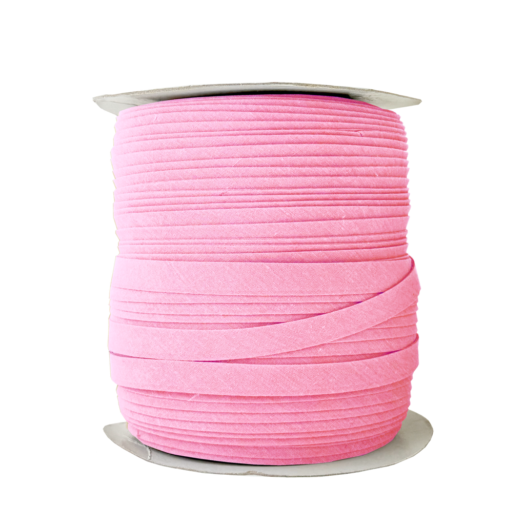 cotton candy pink 1/2" double fold bias tape on a spool from Heit's Wholesale bulk sewing supply company