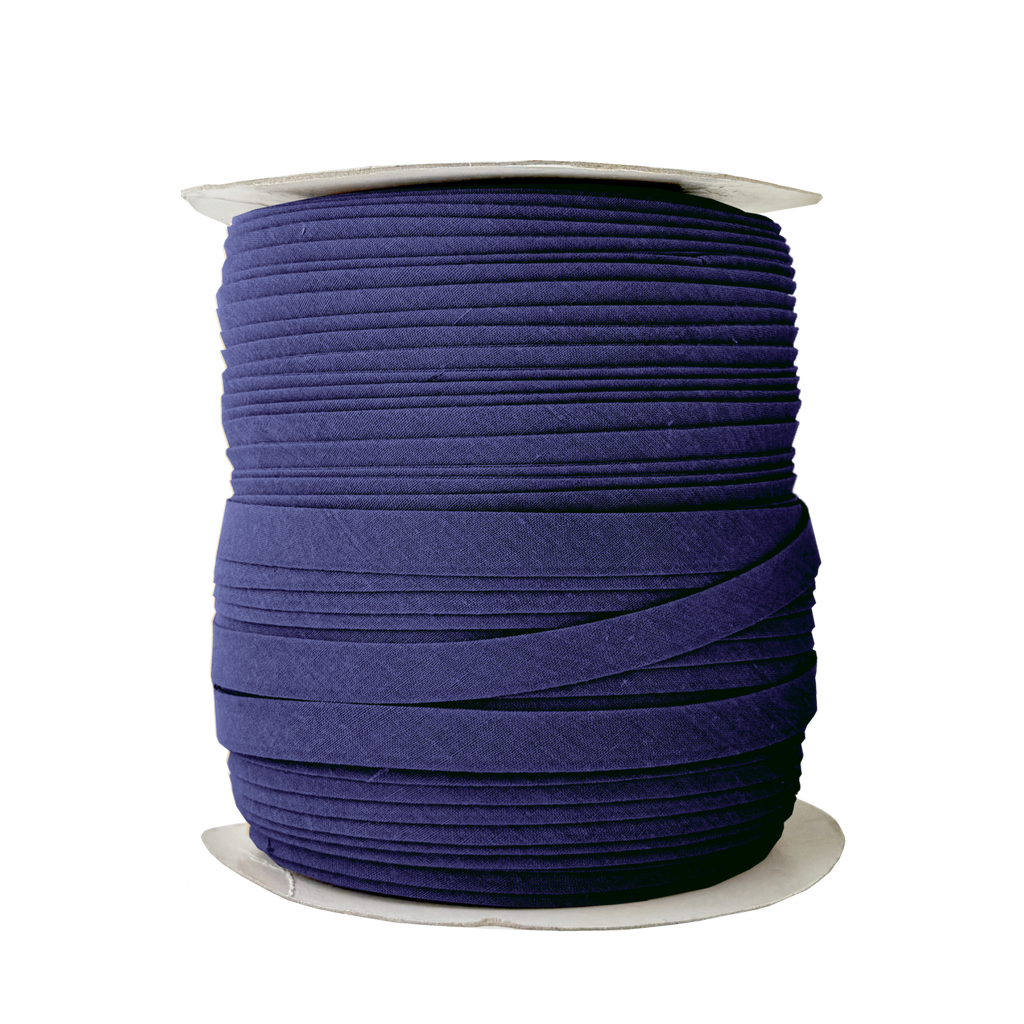 dark navy 1/2" double fold bias tape on a spool from Heit's Wholesale bulk sewing supply company