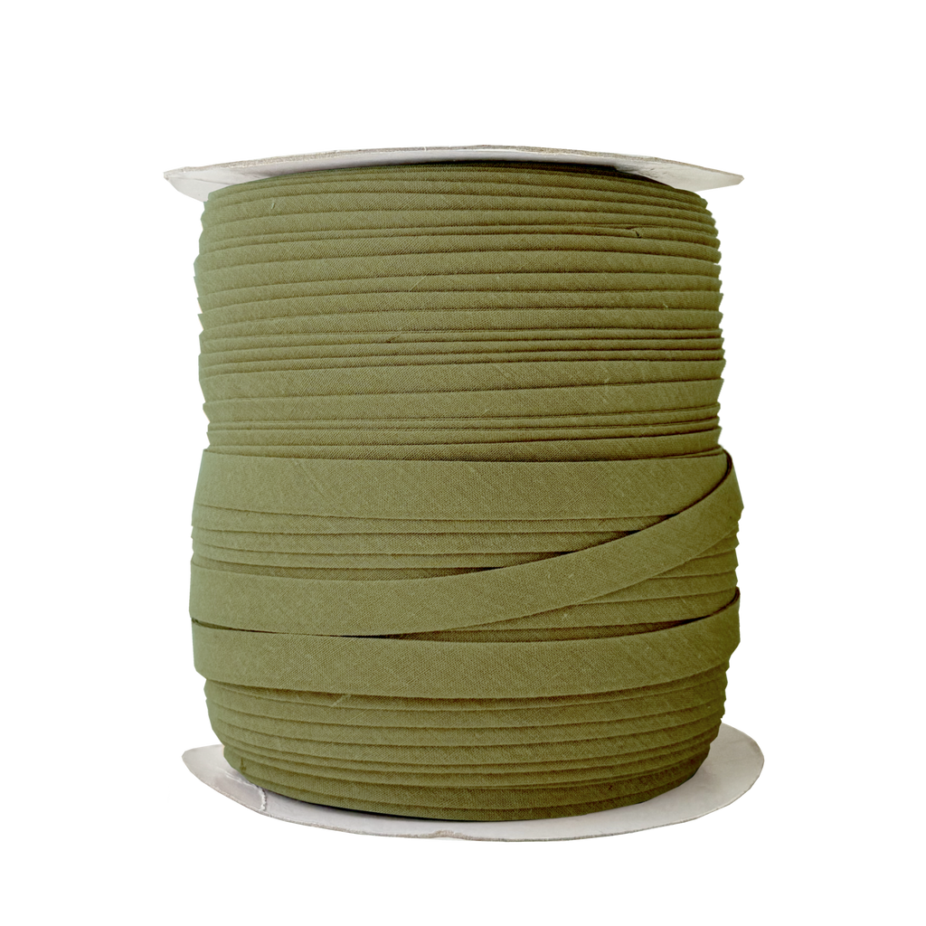 dark olive 1/2" double fold bias tape on a spool from Heit's Wholesale bulk sewing supply company