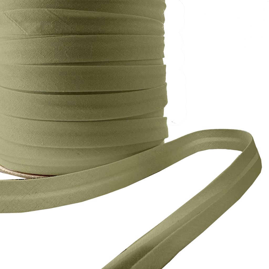close up of the dark olive 1/2" single fold bias tape on a spool from Heit's Wholesale bulk sewing supply company