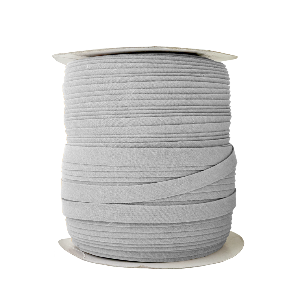 gray 1/2" double fold bias tape on a spool from Heit's Wholesale bulk sewing supply company