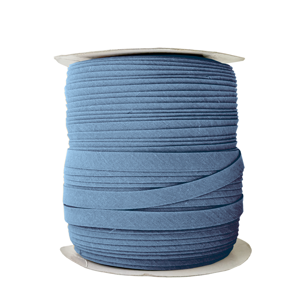 indigo 1/2" double fold bias tape on a spool from Heit's Wholesale bulk sewing supply company