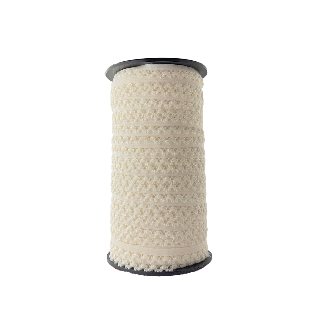 ivory 1/2" knit decorative edge lingerie elastic on a spool from Heit's Wholesale bulk sewing supply company