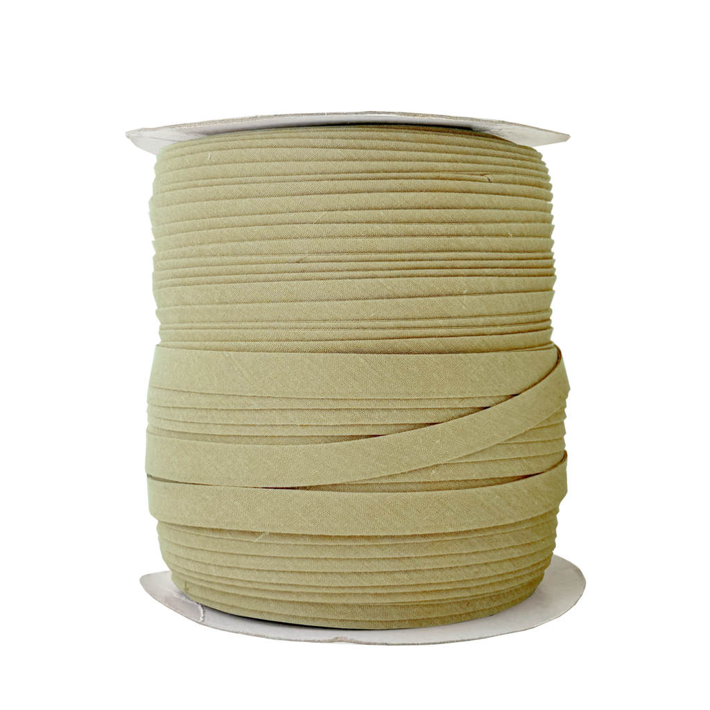 khaki 1/2" double fold bias tape on a spool from Heit's Wholesale bulk sewing supply company