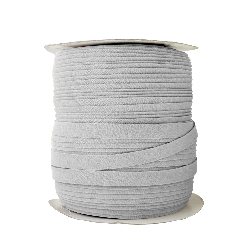 light gray 1/2" double fold bias tape on a spool from Heit's Wholesale bulk sewing supply company