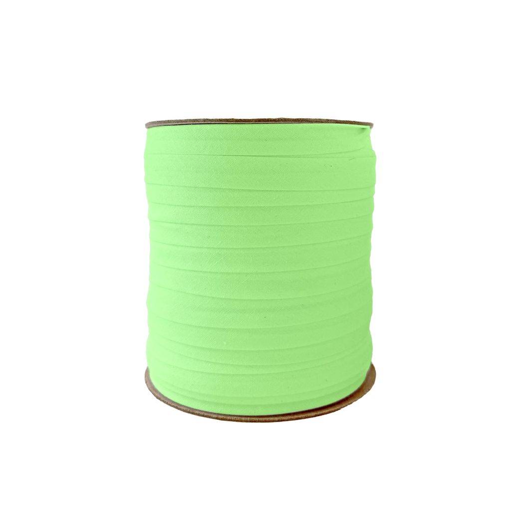 lime green 1/2" single fold bias tape on a spool from Heit's Wholesale bulk sewing supply company