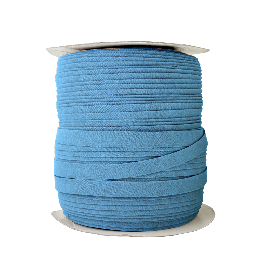 miami blue 1/2" double fold bias tape on a spool from Heit's Wholesale bulk sewing supply company
