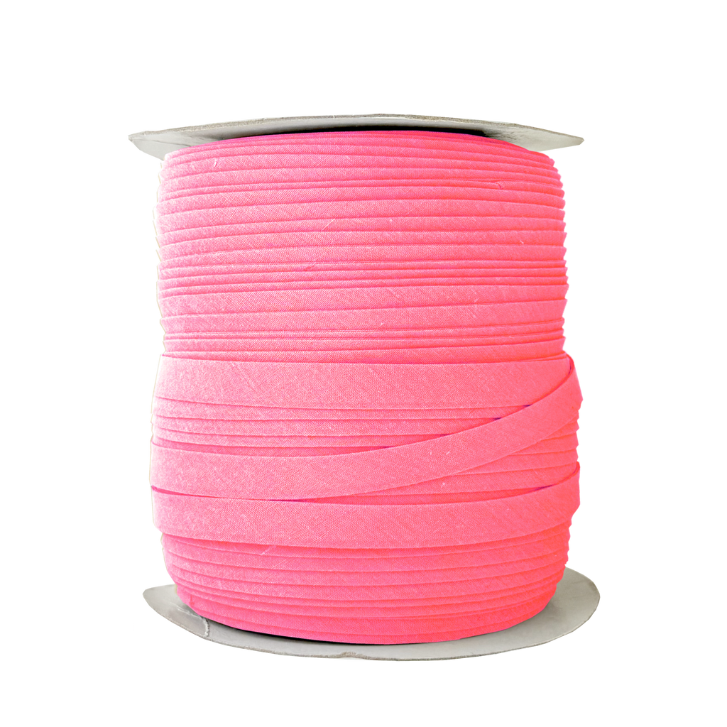 shocking pink 1/2" double fold bias tape on a spool from Heit's Wholesale bulk sewing supply company