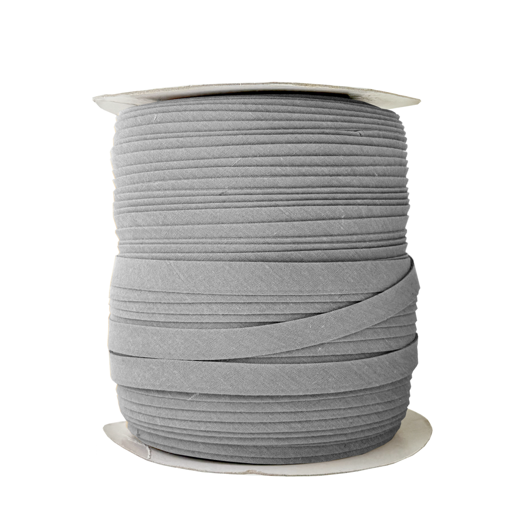 smoke gray 1/2" double fold bias tape on a spool from Heit's Wholesale bulk sewing supply company