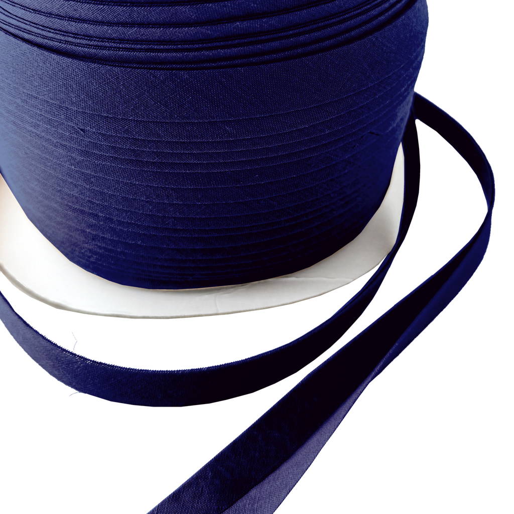 close up of the very navy 1/2" double fold bias tape on a spool from Heit's Wholesale bulk sewing supply company
