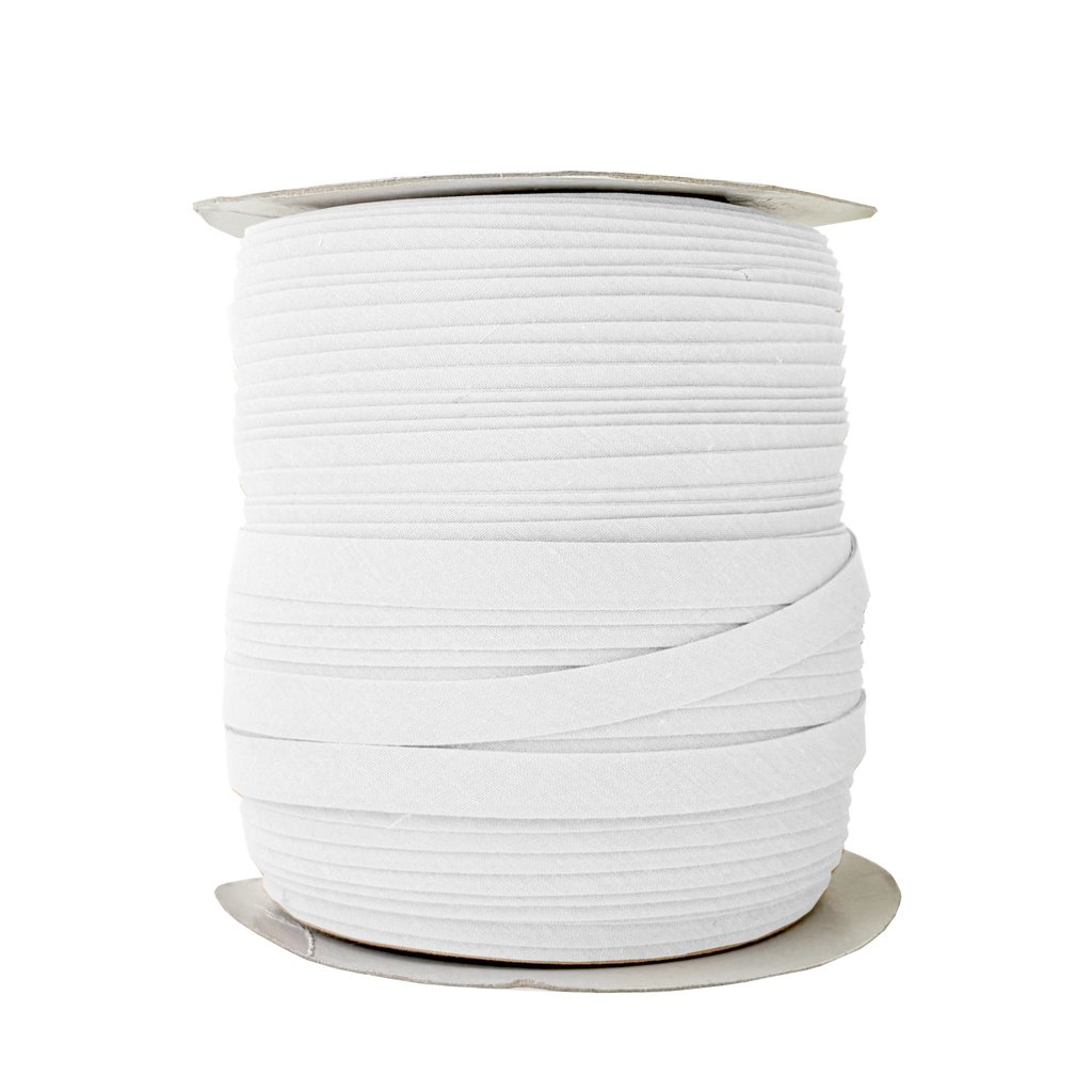white 1/2" double fold bias tape on a spool from Heit's Wholesale bulk sewing supply company