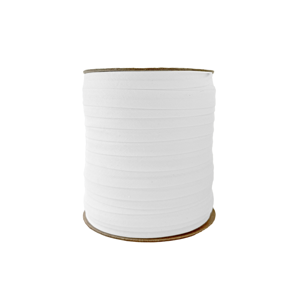white 1/2" single fold bias tape on a spool from Heit's Wholesale bulk sewing supply company