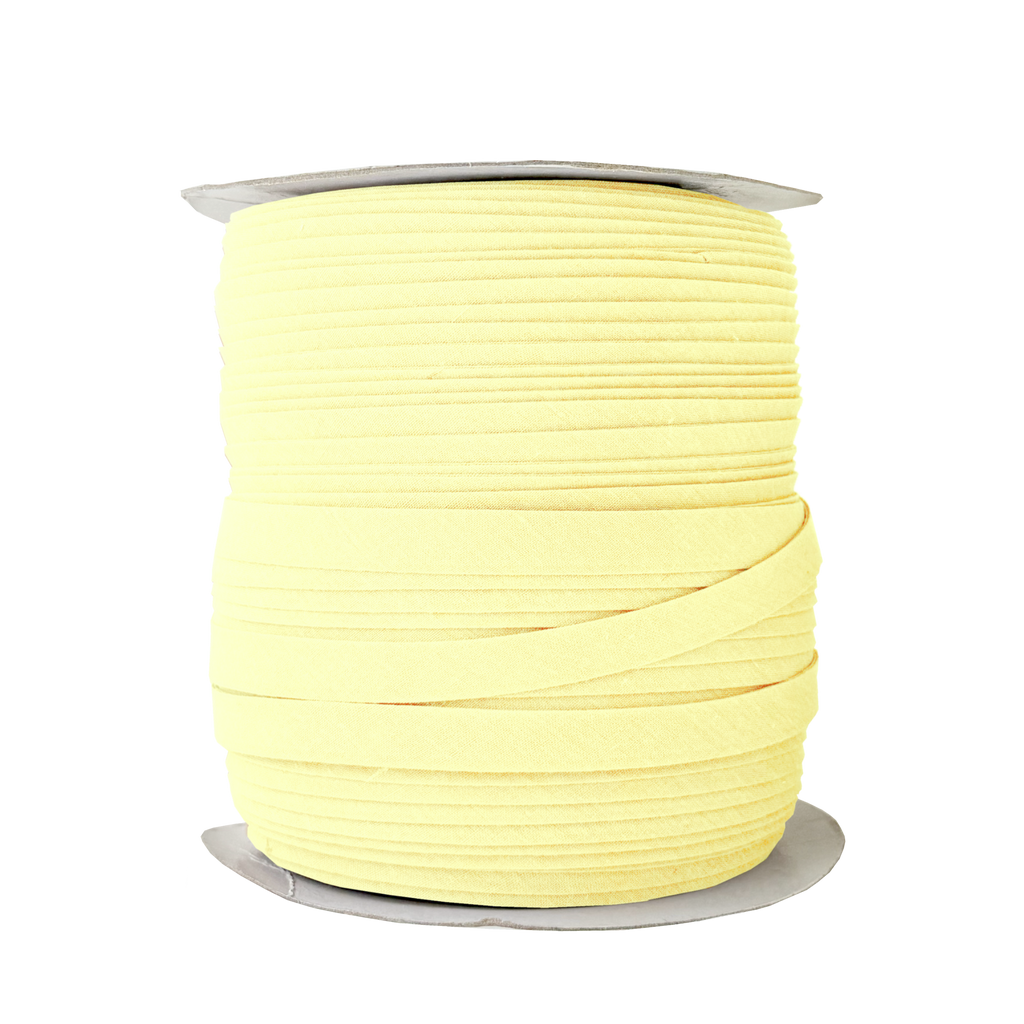 yellow 1/2" double fold bias tape on a spool from Heit's Wholesale bulk sewing supply company