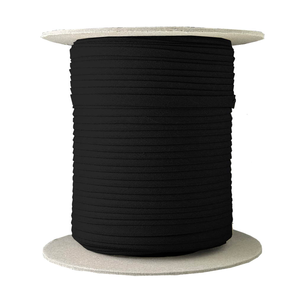 black 1/4" double fold bias tape on a spool from Heit's Wholesale bulk sewing supply company