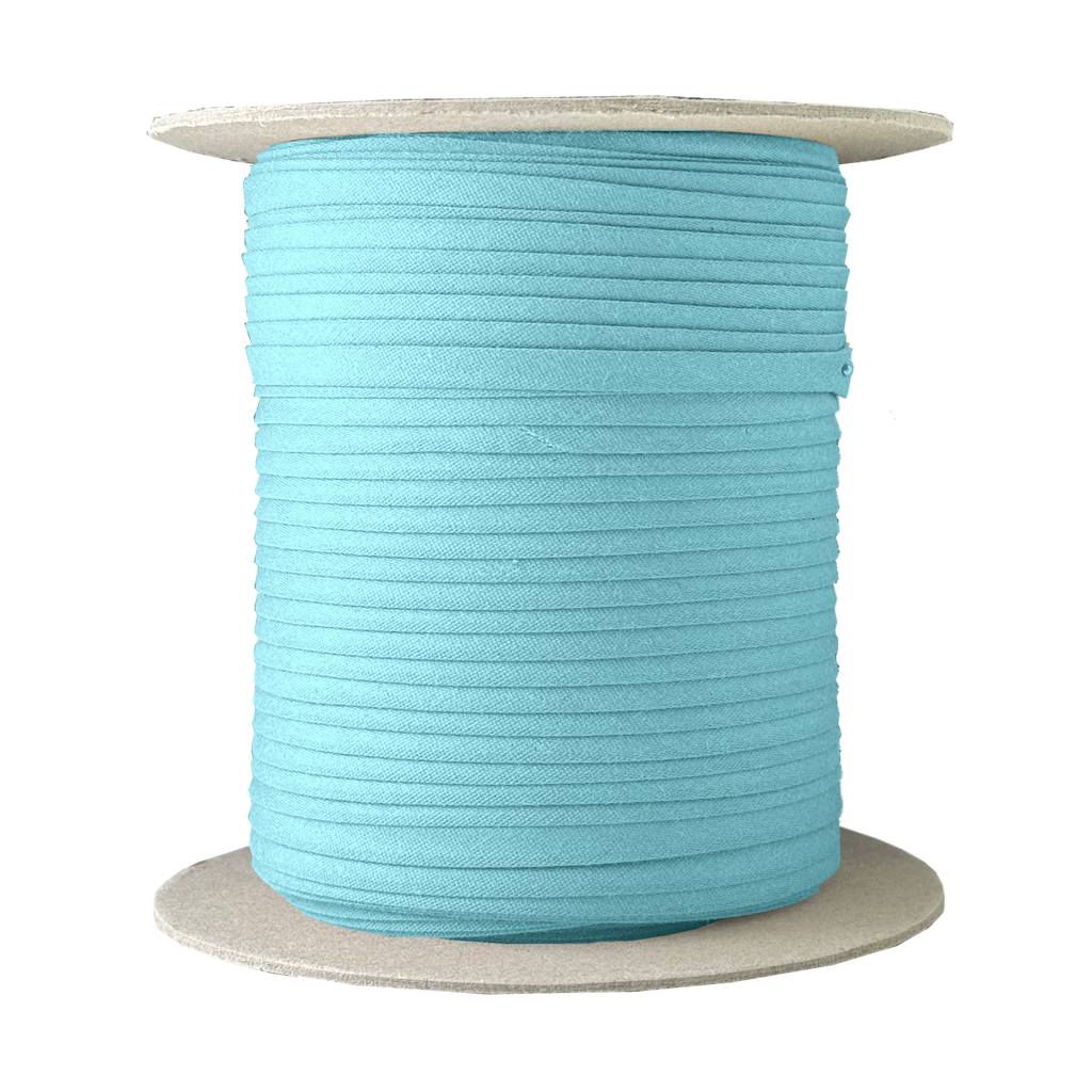 blue 1/4" double fold bias tape on a spool from Heit's Wholesale bulk sewing supply company