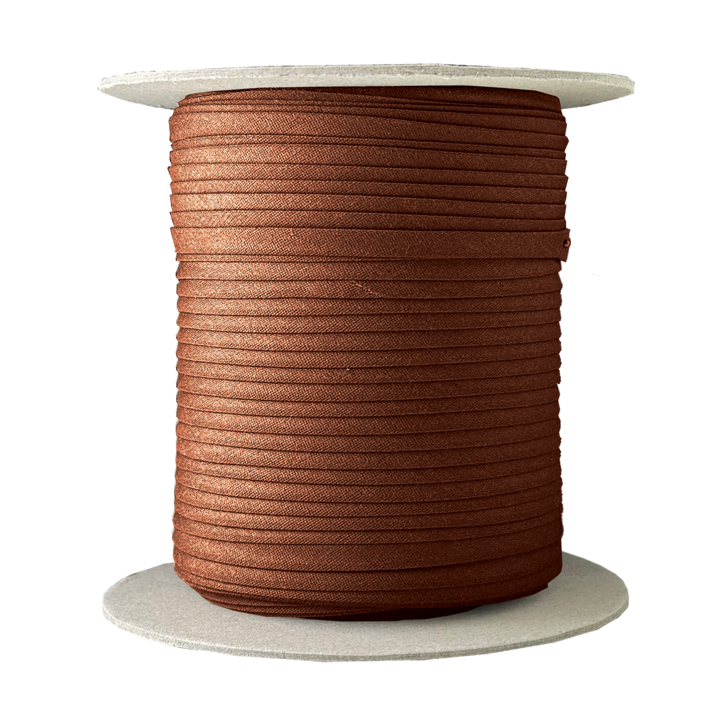 brown 1/4" double fold bias tape on a spool from Heit's Wholesale bulk sewing supply company
