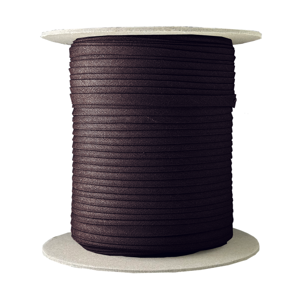 chocolate brown 1/4" double fold bias tape on a spool from Heit's Wholesale bulk sewing supply company