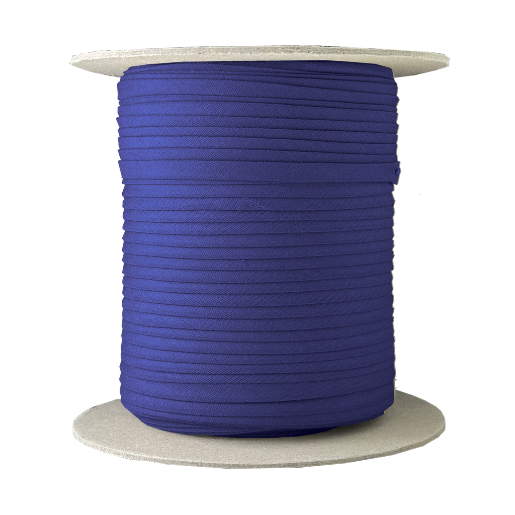 classic blue 1/4" double fold bias tape on a spool from Heit's Wholesale bulk sewing supply company
