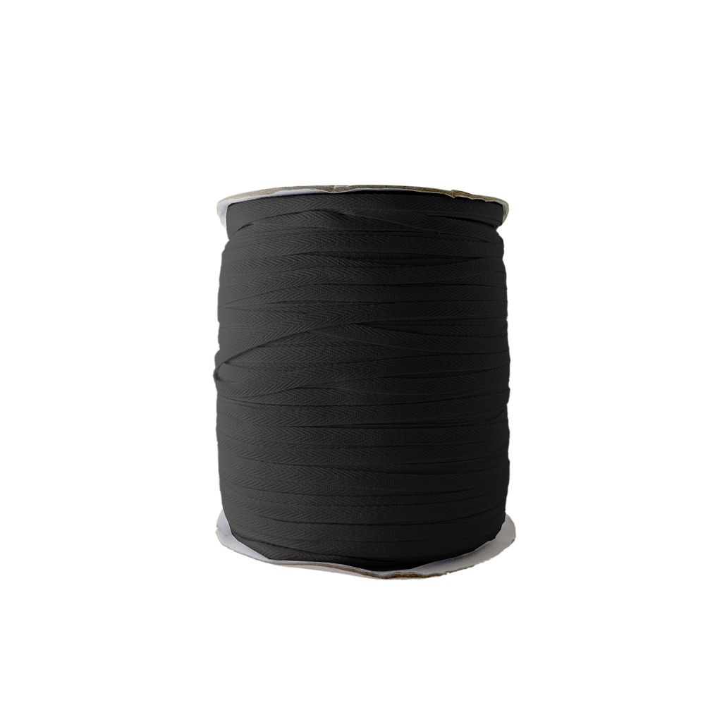 black 1/4" cotton twill tape on a spool from Heit's Wholesale bulk sewing supply company