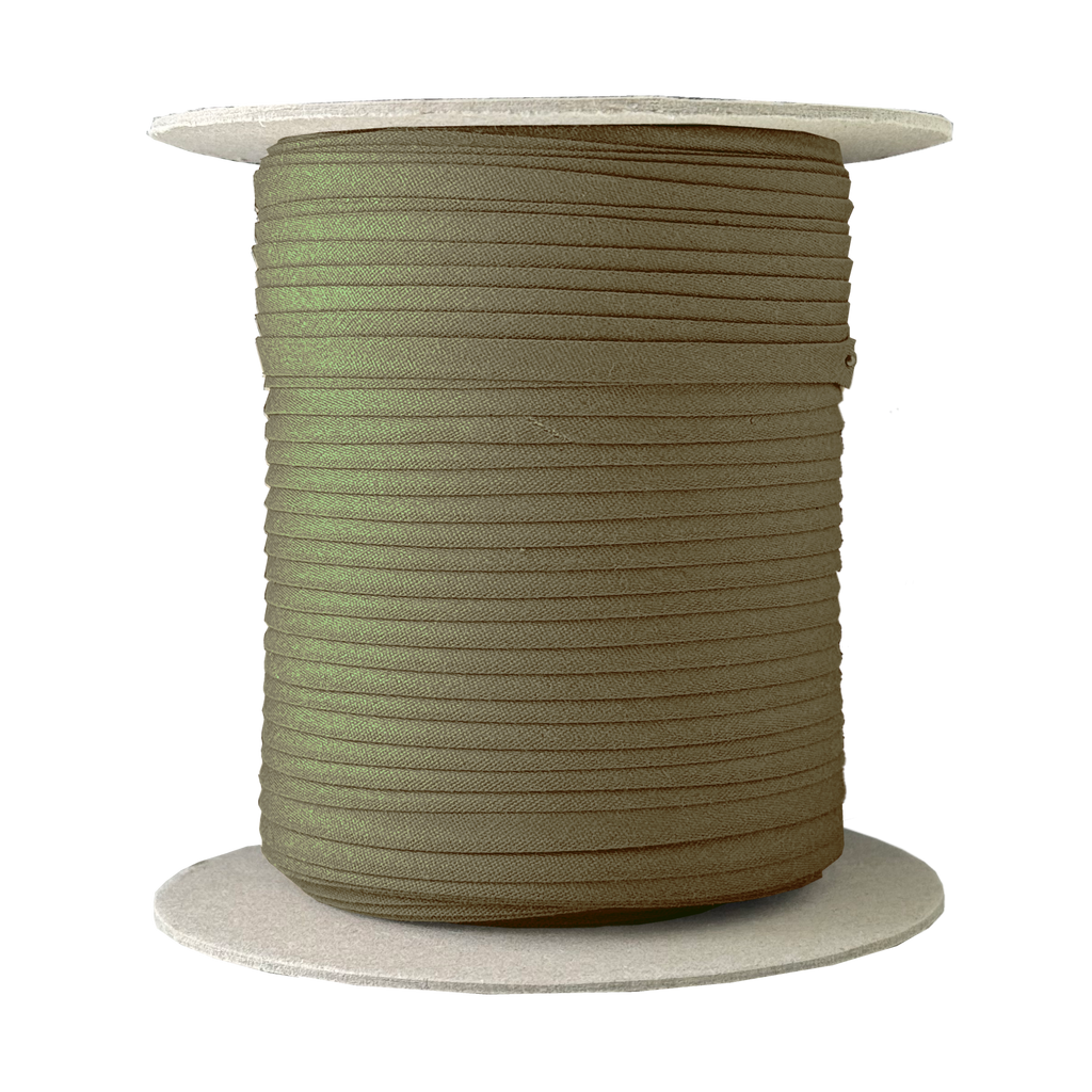 dark olive 1/4" double fold bias tape on a spool from Heit's Wholesale bulk sewing supply company