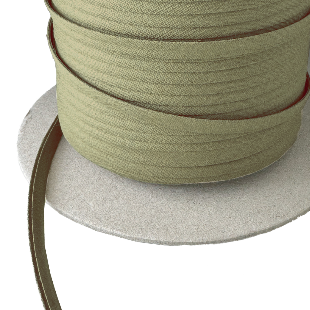 close up of the dark olive 1/4" double fold bias tape on a spool from Heit's Wholesale bulk sewing supply company