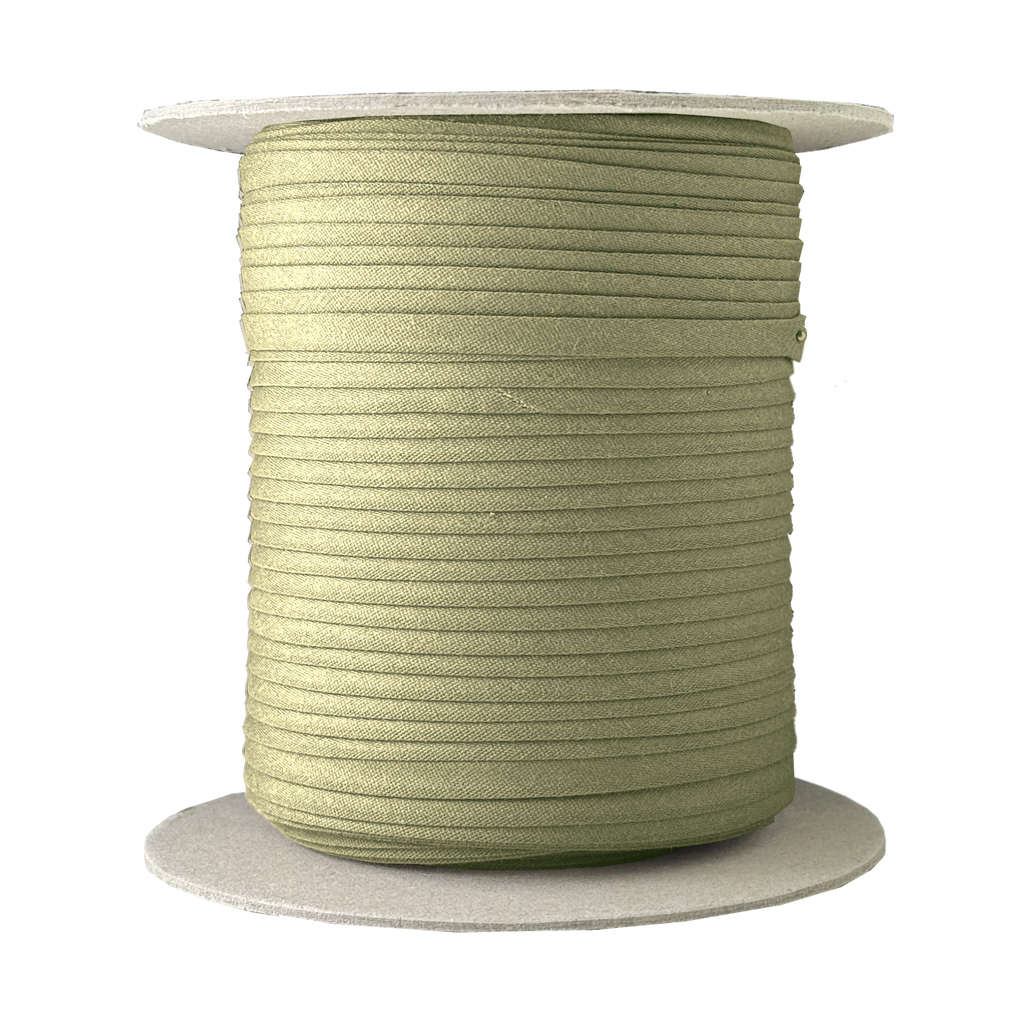 khaki brown 1/4" double fold bias tape on a spool from Heit's Wholesale bulk sewing supply company