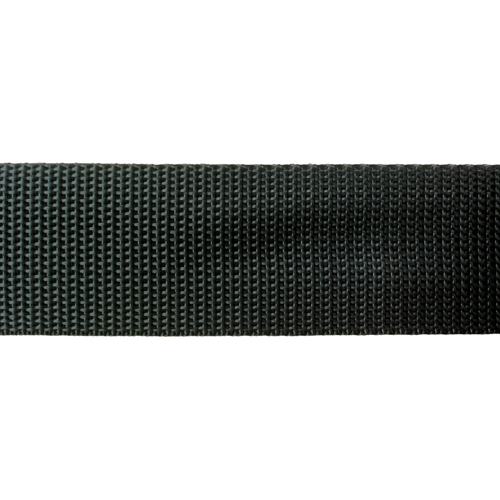 close up of the black 1+1/2" polypro webbing on a spool from Heit's Wholesale bulk sewing supply company