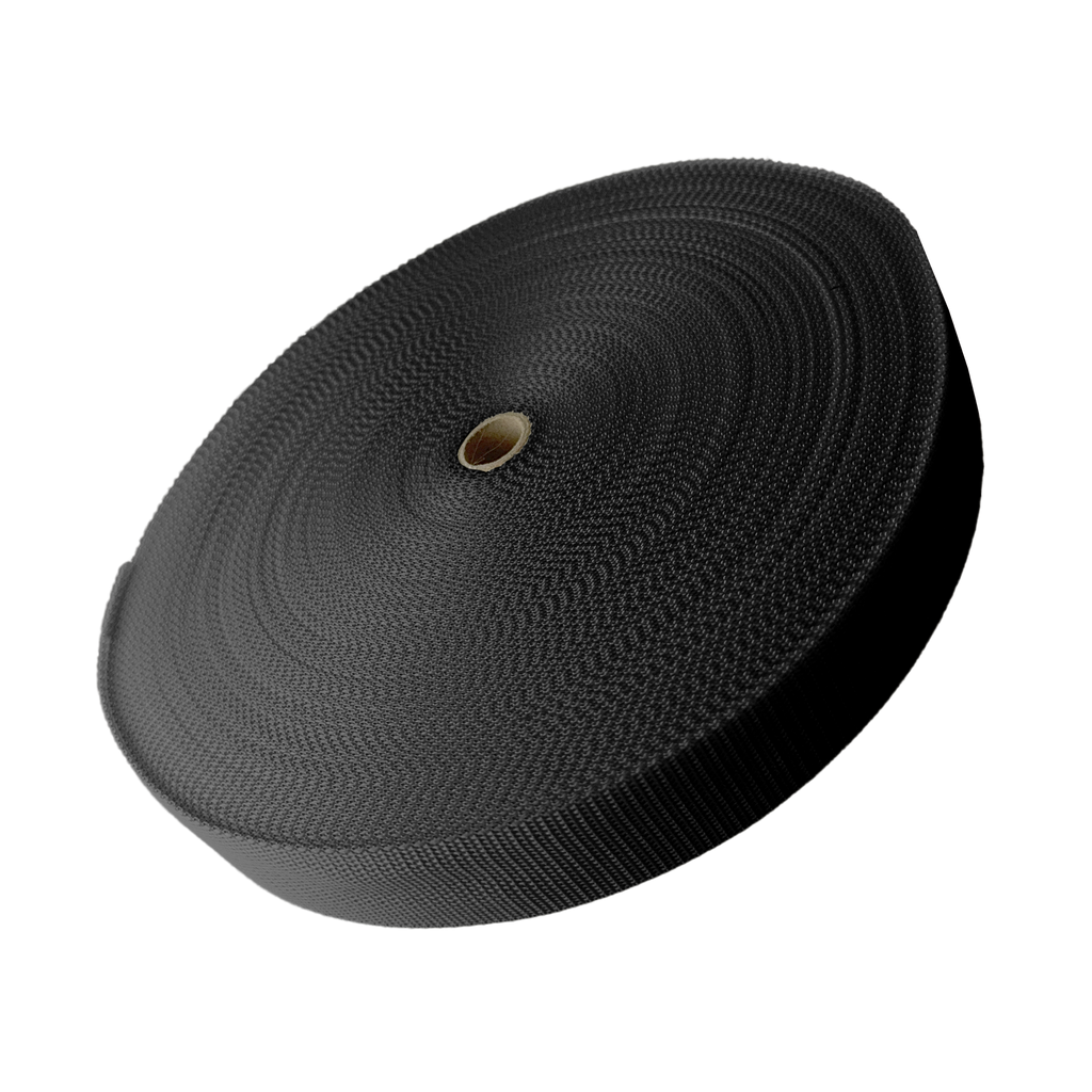black 1+1/2" polypro webbing on a spool from Heit's Wholesale bulk sewing supply company