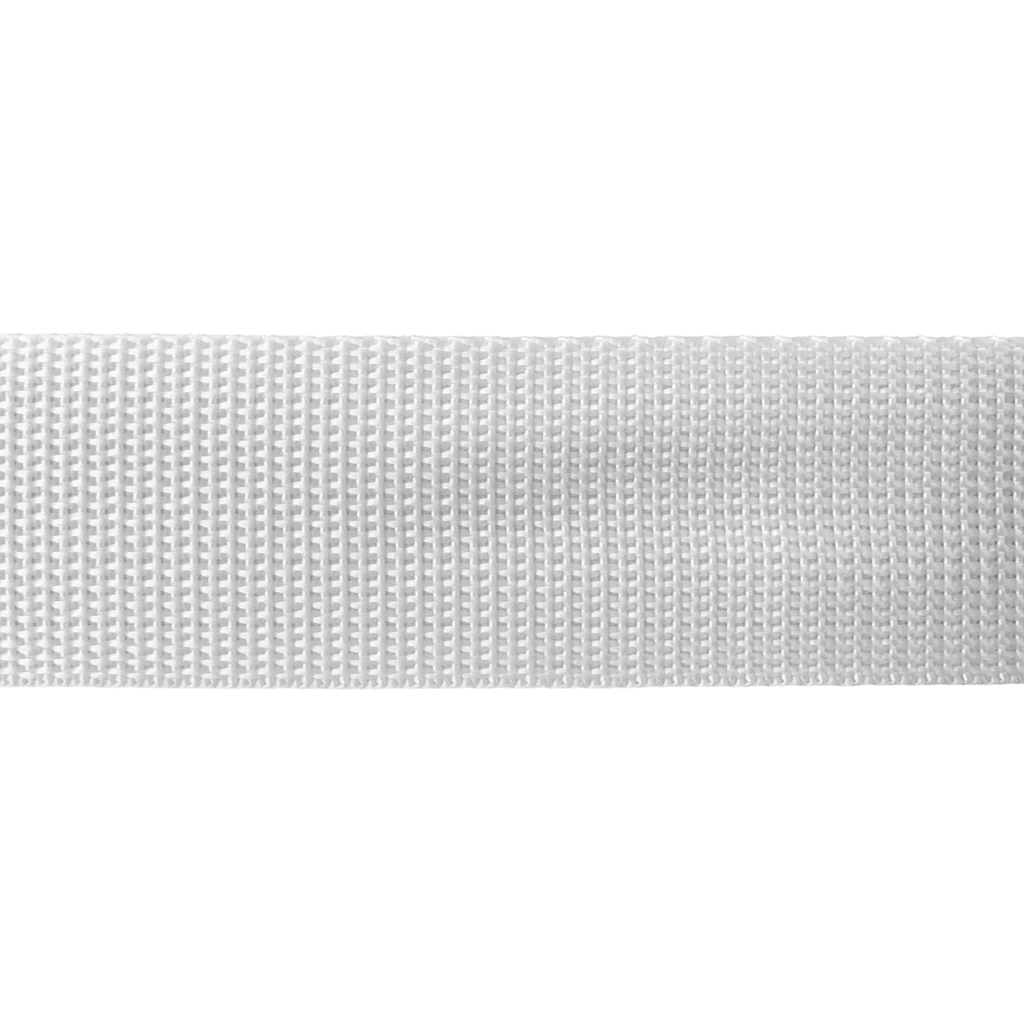 close up of the white 1+1/2" polypro webbing on a spool from Heit's Wholesale bulk sewing supply company