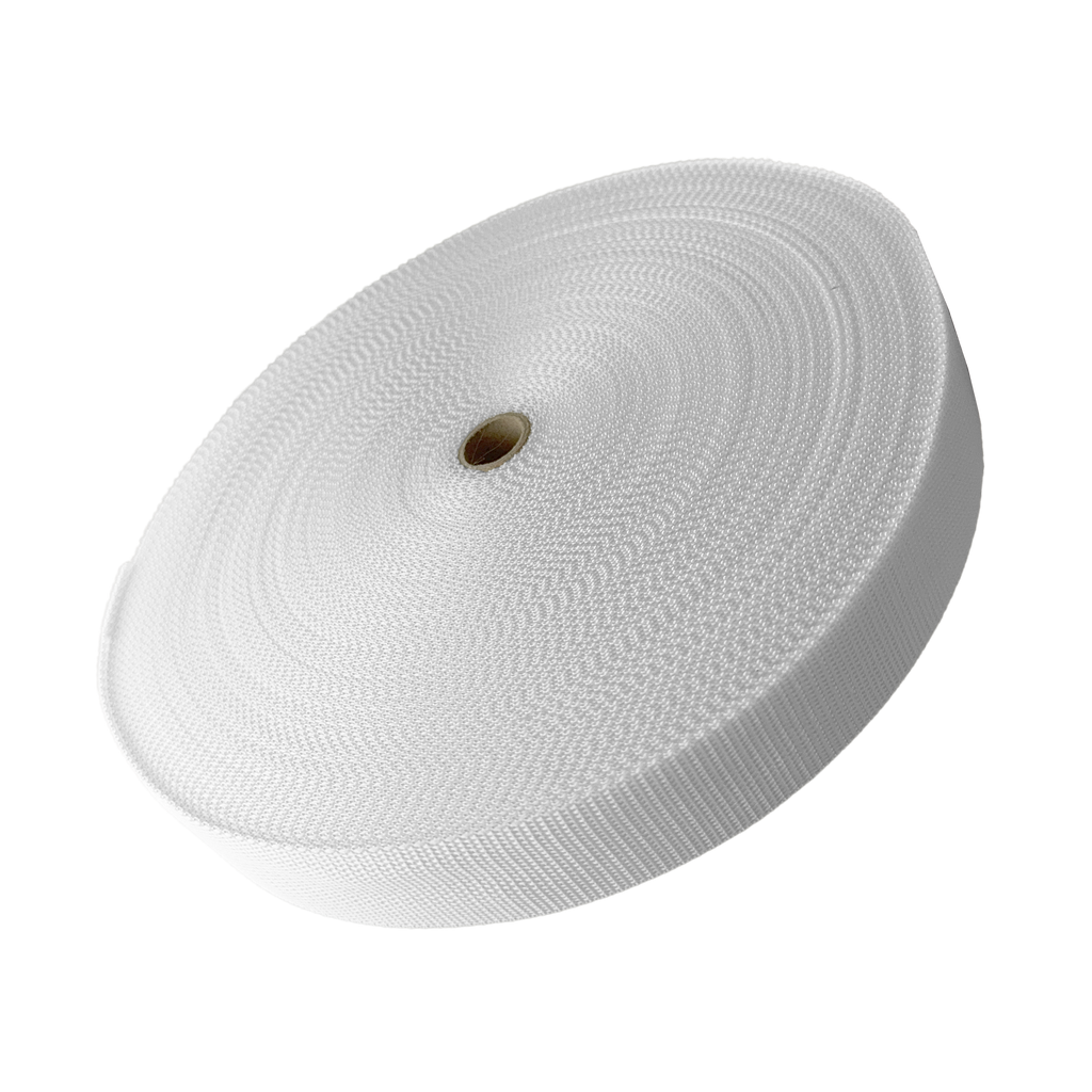 white 1+1/2" polypro webbing on a spool from Heit's Wholesale bulk sewing supply company