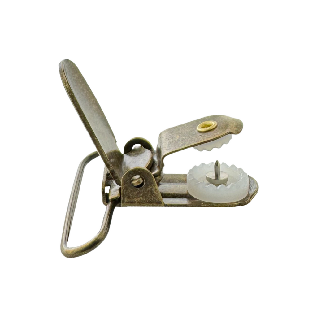 bronze 1+1/2" suspender clip with pin from Heit's Wholesale bulk sewing supply company