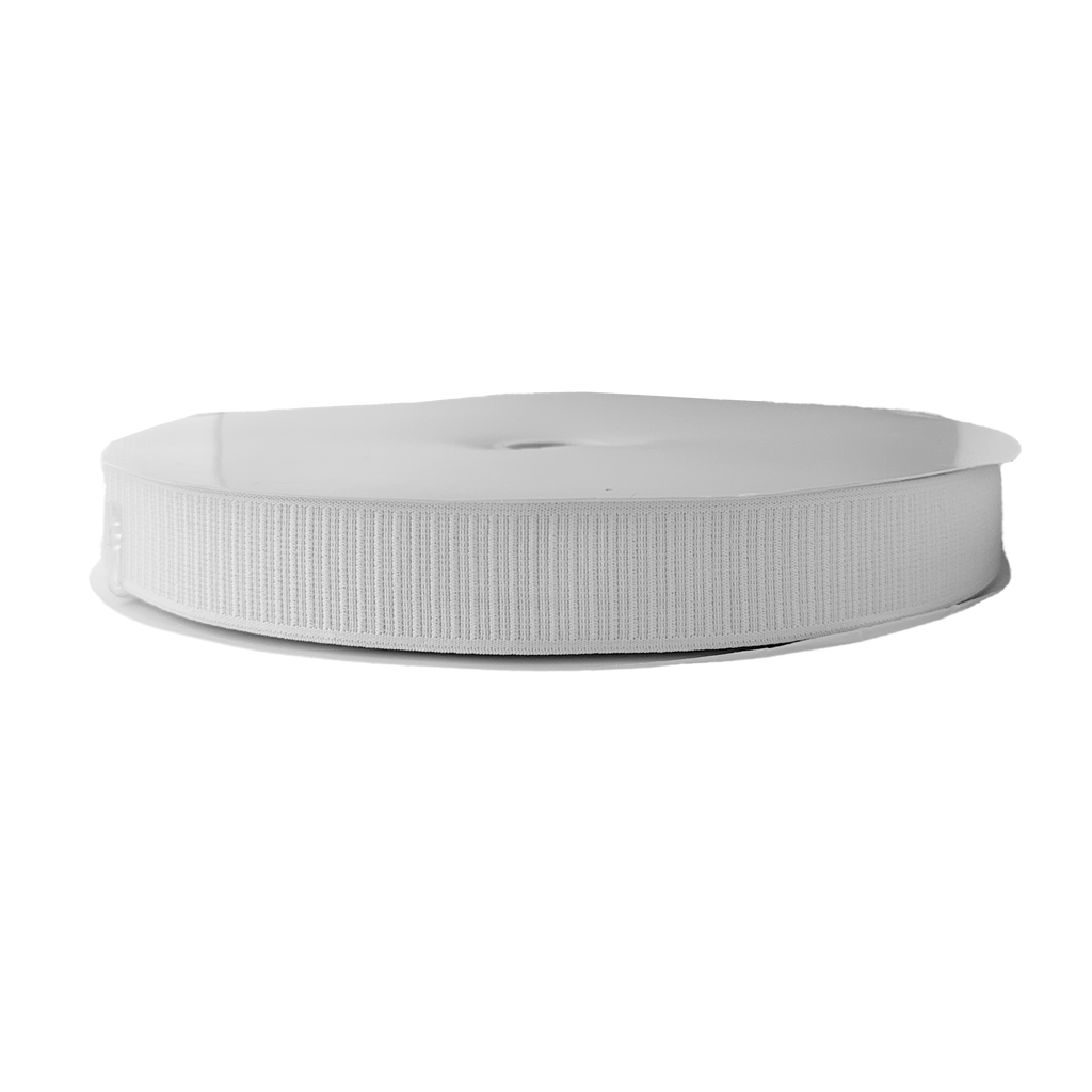 white 1+1/2" non-roll flat rib elastic on a spool from Heit's Wholesale bulk sewing supply company