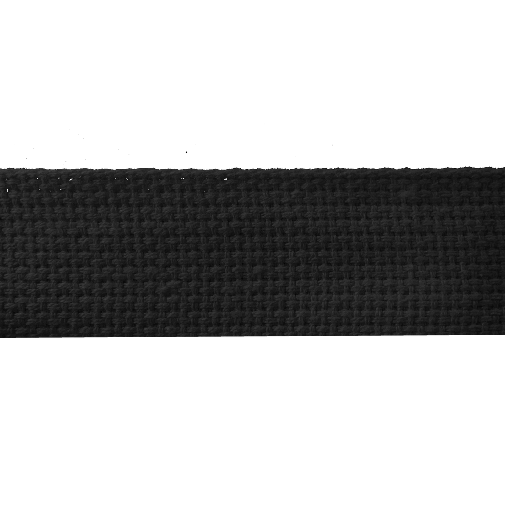 close up of the black 1+1/4" cotton webbing on a spool from Heit's Wholesale bulk sewing supply company