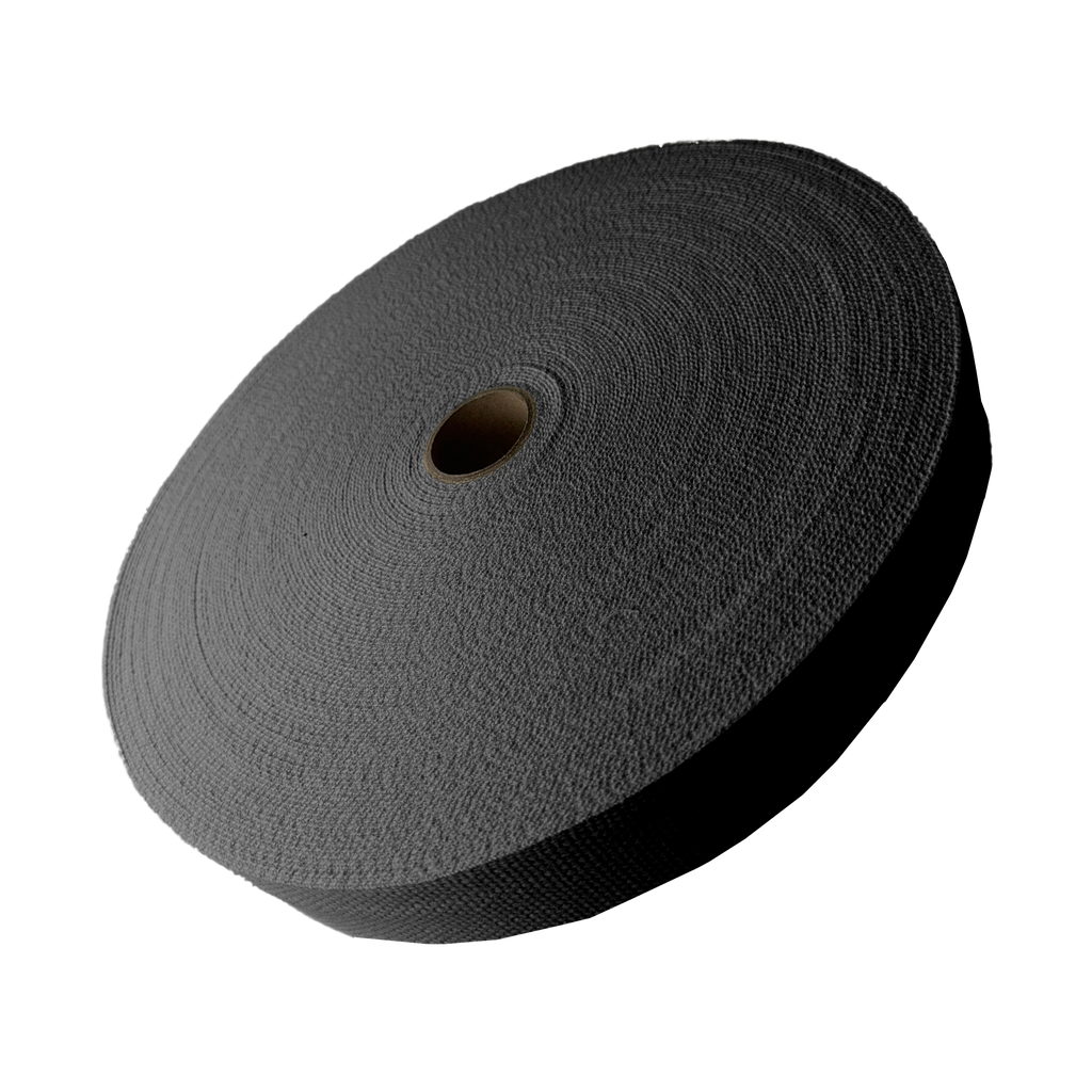 black 1+1/4" cotton webbing on a spool from Heit's Wholesale bulk sewing supply company