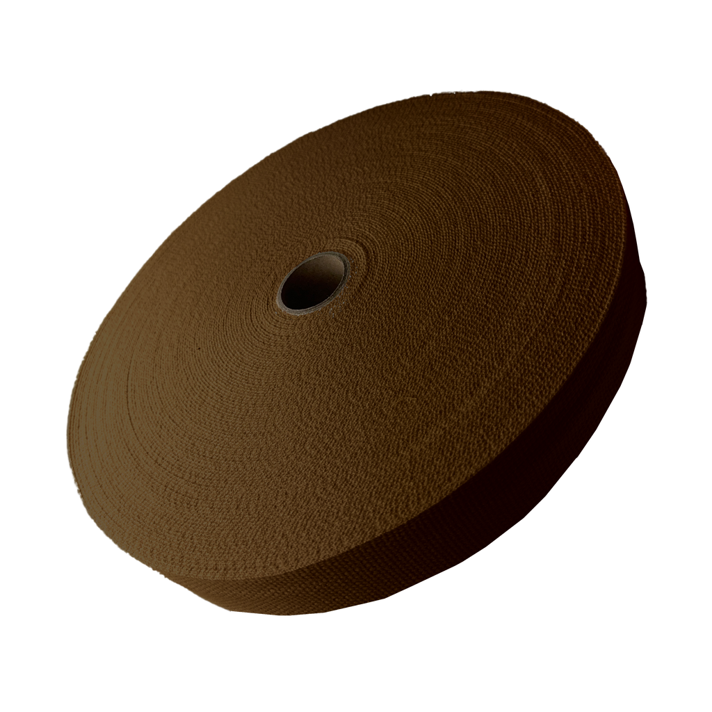 brown 1+1/4" cotton webbing on a spool from Heit's Wholesale bulk sewing supply company