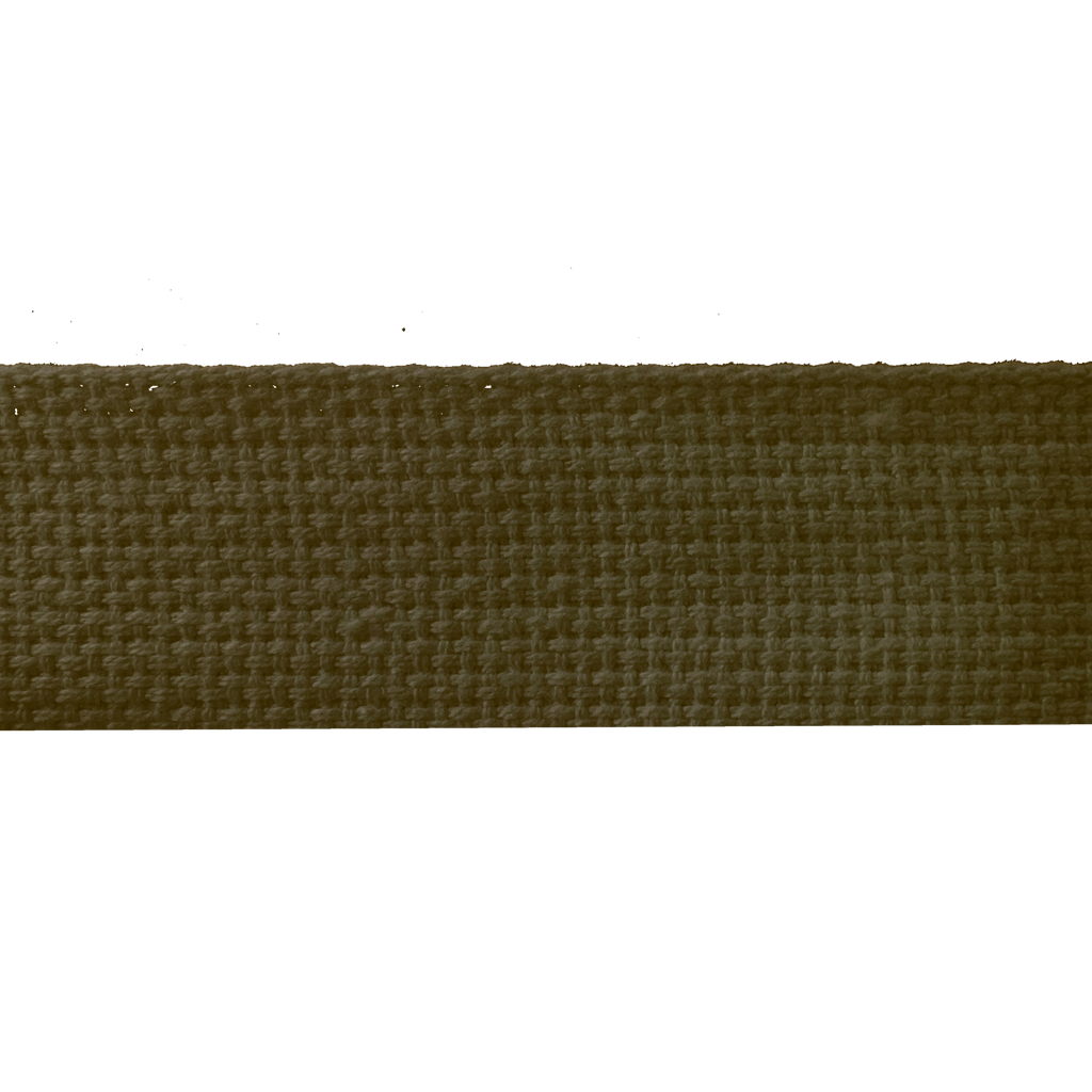 close up of the olive 1+1/4" cotton webbing on a spool from Heit's Wholesale bulk sewing supply company